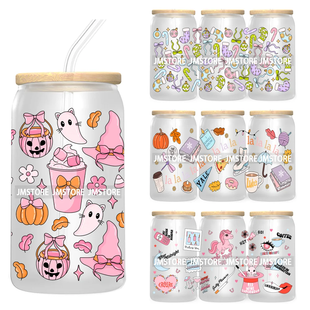 Fall Halloween Pink Ghost Pumpkin 16OZ UV DTF Cup Wrap Transfer Stickers Christmas Season Custom Labels For Libbey Glass Can