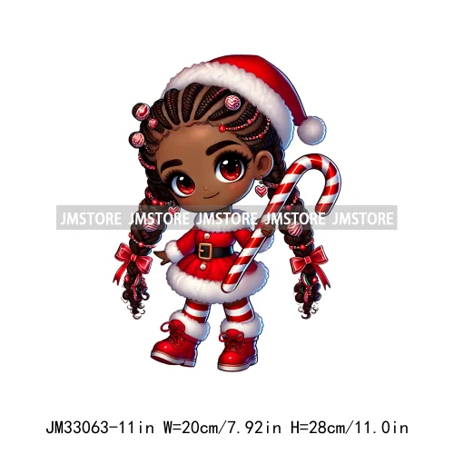 Chibi Candy Santa Girl African American Characters Merry Christmas Gift Iron On DTF Transfer Stickers Ready To Press For Clothes