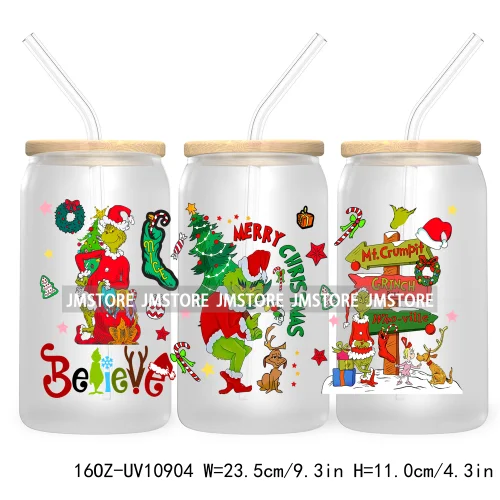 Retro Christmas Mean Guy UV DTF Cup Wrap For Libbey Glass Can Transfer Stickers Waterproof Custom Labels Merry Greenmas Xmas