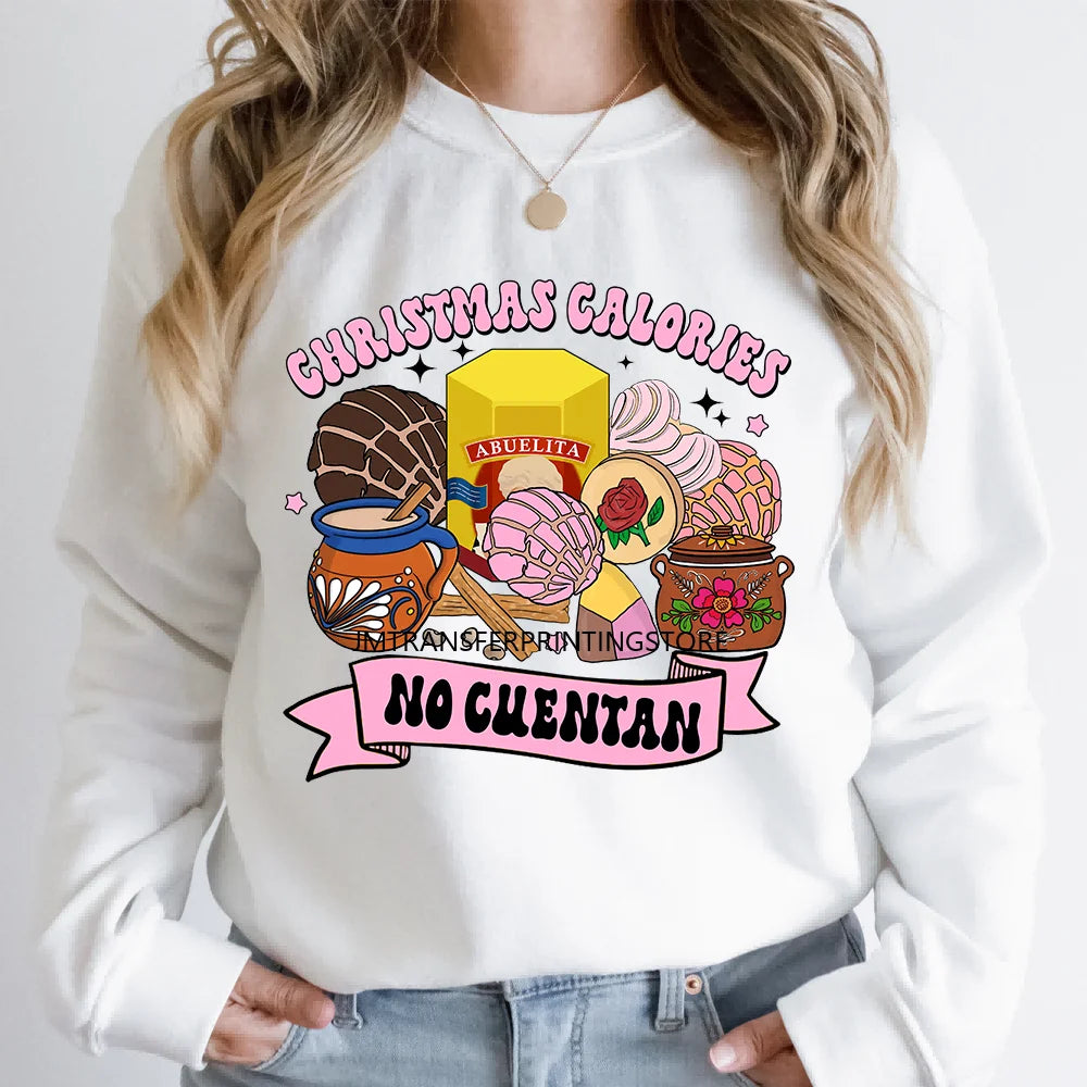 New Latin Culture Christmas Conchita It's Cold Outside No Dieta Season Calorias No Cuentan DTF Heat Transfer Sticker For Hoodies