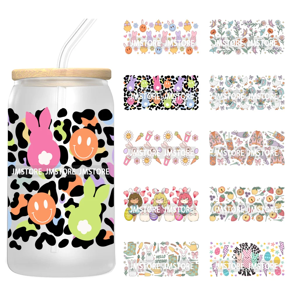 Retro Easter Bunny Rabbit Eggs Flowers 16OZ UV Cup Wrap DTF Transfer Stickers For Libbey Glass Can Cup Tumbler Waterproof Labels