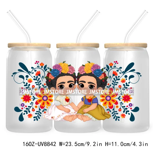 Mexican Butterfly Flowers 16OZ UV DTF Cup Wrap Transfer Sticker Custom Label Waterproof Logo For Libbey Glass Can Latina Culture