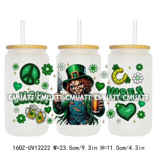 Cartoon Princess Girls St Patricks' Day Lucky Vibes 16OZ UV DTF Cup Transfer Wrap Sticker Waterproof Logos For Libbey Glass Can