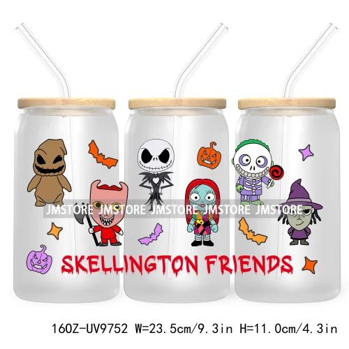 Spooky Cartoon Halloween 16OZ UV Cup Wrap DTF Transfer Stickers For Libbey Glass Can Cups Tumbler Waterproof Labels Scare Crew