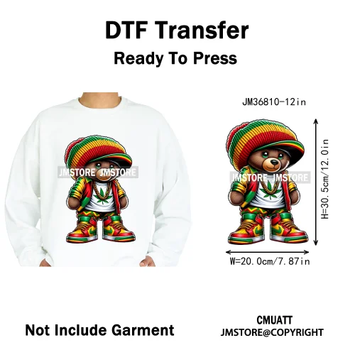 12in Cartoon Gangster Hip Hop Streetwear Teddy Bear Lover Designs Iron on DTF Heat Transfers Stickers Ready to Press for Hoodies