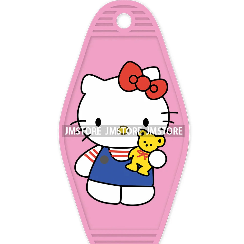 Cute Cartoon Pink Hello Cat With Bow Flower High Quality WaterProof UV DTF Sticker For Motel Hotel Keychain Labels DIY Logo