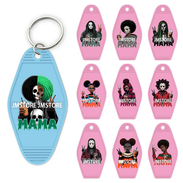 Horror Character Mama Coffee Lover UV DTF Motel Keychain Decal Ready To Ship Durable Transfer Stickers Prints For Hotel Keychain