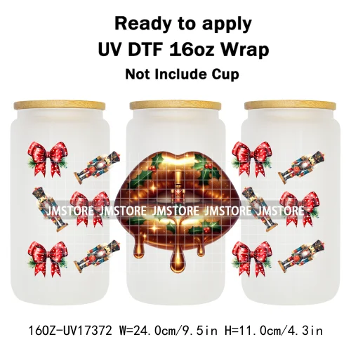 Colorful Christmas Lips Holiday Gifts Xmas Balls UV DTF Wraps Transfer Sticker Waterproof Logo For 16OZ Libbey Glass Can Tumbler