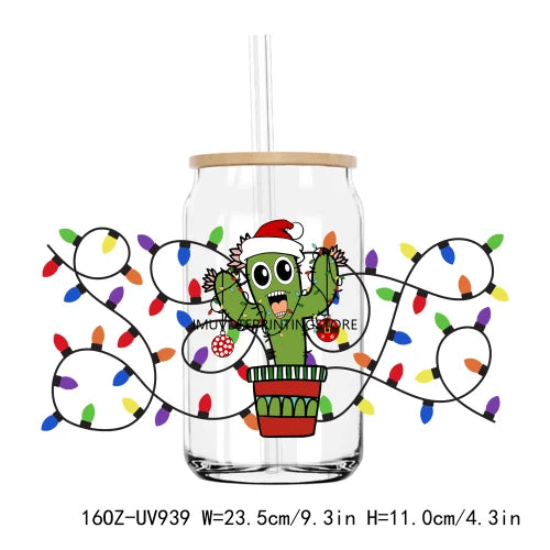 Merry Christmas Lights Vibes 16OZ UV DTF Cup Wrap Transfers Stickers Custom Labels DIY  Waterproof Logo For Libbey Glass Can