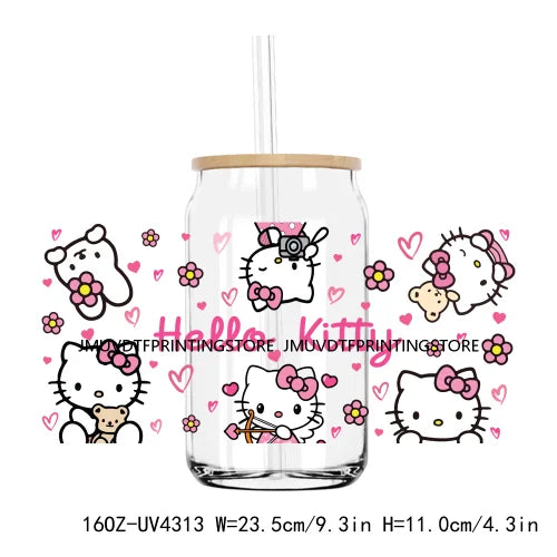 Hello Coffee Cat 16OZ UV DTF Cup Wrap Transfer Stickers Cartoon Valentine Custom Labels DIY Waterproof Logo For Libbey Glass Can