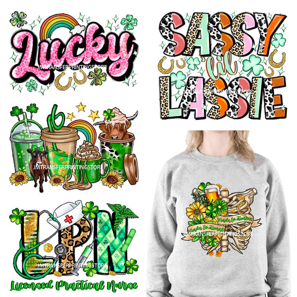 Shamrock Crusher Sassy litt lassie St Patricks Day Coffee Rainbow Gnomies Logos DTF Transfer Stickers Ready To Press For Hoodies