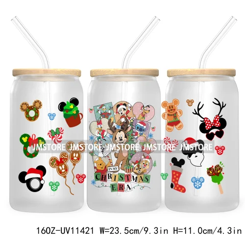 Merry Christmas Cartoon Couple 16OZ UV DTF Cup Wrap Ready To Apply For Libbey Glass Can Cup Tumbler Gingerbread Candy Cane Mouse