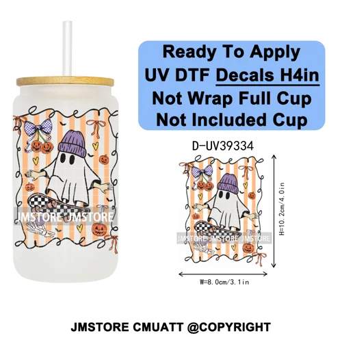 Stay Spooky Halloween Horror Pumpkin Coquette UV DTF Decals Ready To Apply Waterproof Transfer Sticker For 16OZ Libbey Glass Can