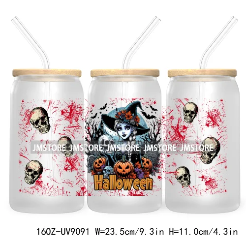 Spooky Halloween Princess 16OZ UV Cup Wrap DTF Transfer Sticker For Libbey Glass Can Cup Tumbler Waterproof Label Trick or Treat