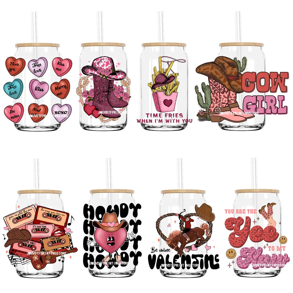 Western Howdy Cowgirl Valentine's Day UV DTF Sticker For 16OZ Libbey Glass Cup Can Wrap Transfer Sticker Custom Labels DIY Logo