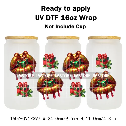 Coquette Bow Christmas Gift Lips UV DTF Stickers Xmas Season Candy Cane Ready To Transfer 16OZ Cup Wraps For Libbey Can Glass