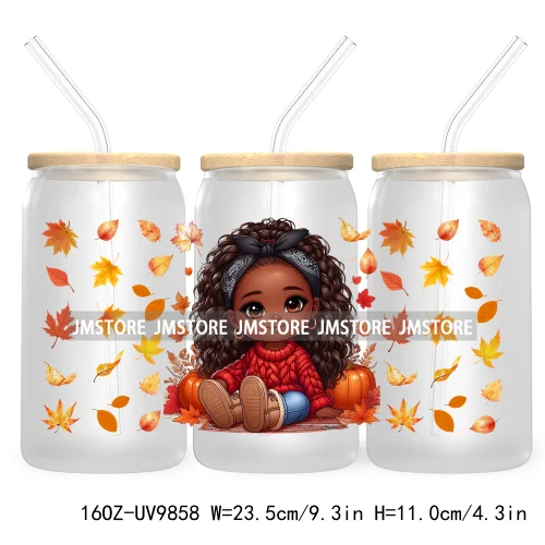 Afro African Girl 16OZ UV Cup Wrap DTF Transfer Stickers For Libbey Glass Can Cups Tumbler Fall Season Autumn Waterproof Labels