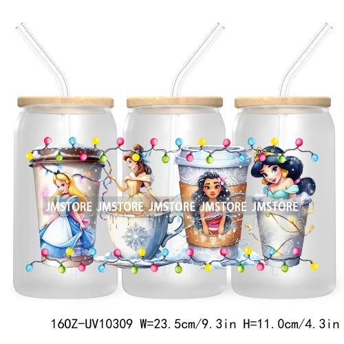 Princess Christmas Cartoon Friends 16OZ UV Cup Wrap DTF Transfer Stickers For Libbey Glass Can Cups Tumbler Magical Kingdom Vibe