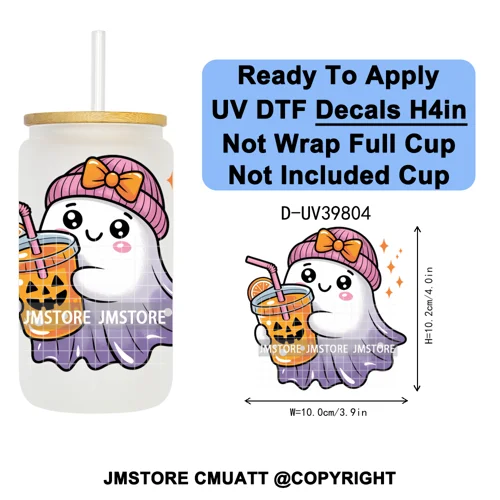 Cute Halloween Witch Ghost Sweet Boo UV DTF Decals Ready To Apply Waterproof Transfer Stickers Prints For 16OZ Libbey Glass Can