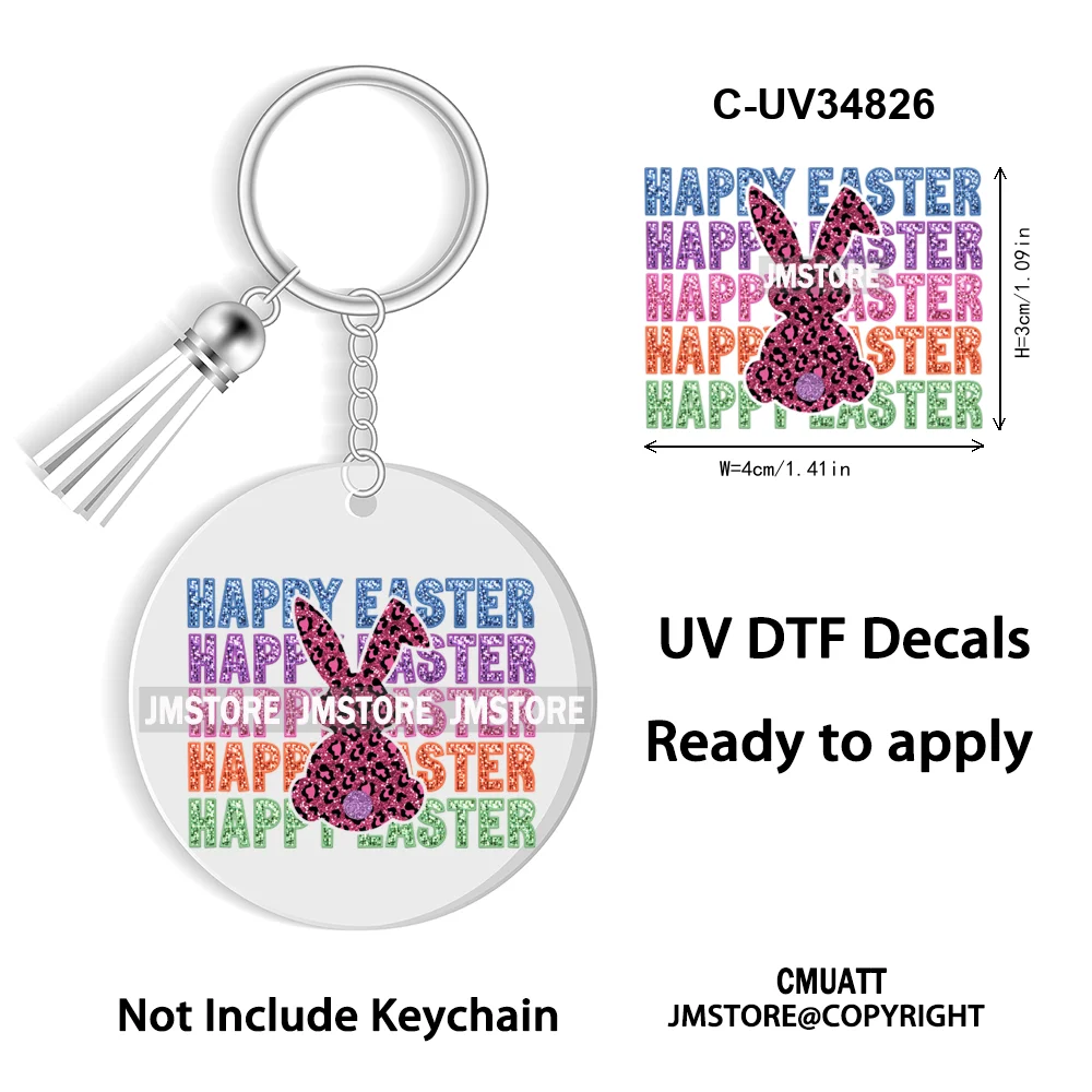 Faux Sequin Glitter Happy Easter Bow Retro Easter Bunny Blowing Bubble UV DTF Stickers for Round Circle Acrylic Keychain Keyring