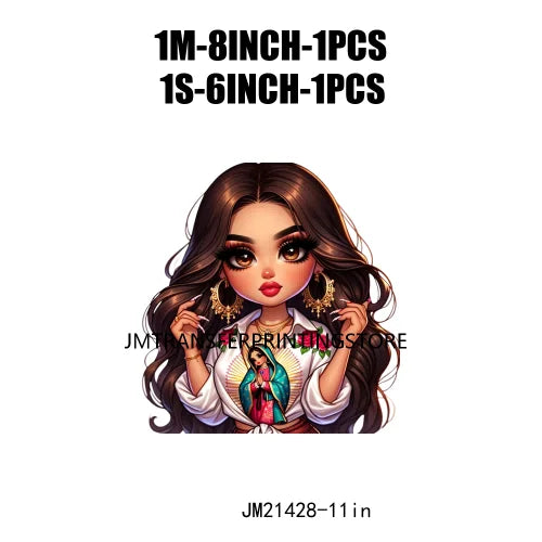 Chibi Cute Chicana Doll Guadalupe Lady Skull Latina Woman Cold Peel Decals Iron On DTF Transfers Stickers For Shirts Bags Pillow