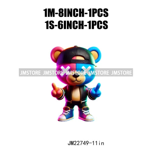 Cool Neon Colorful Hip Hop Streetwear Urban Teddy Bear Iron On DTF Transfers Stickers Ready To Press For Clothing Bags