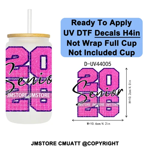 Faux Glitter Senior 2026 School UV DTF Decals Ready To Apply Waterproof Transfer Stickers DIY Crafts For 16OZ Libbey Glass Can