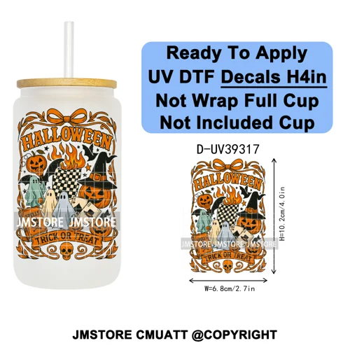 Stay Spooky Halloween Horror Pumpkin Coquette UV DTF Decals Ready To Apply Waterproof Transfer Sticker For 16OZ Libbey Glass Can