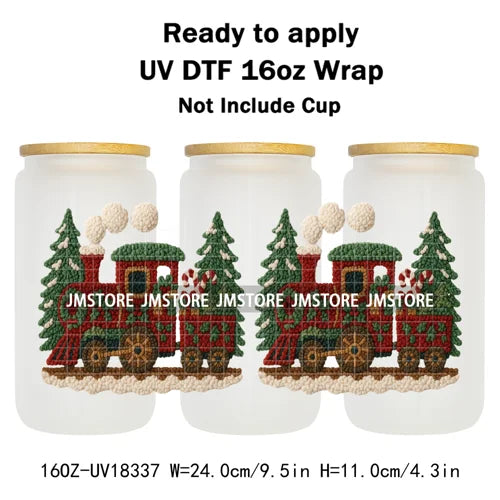Faux Yarn Christmas Characters UV DTF Cup Wrap Ready To Apply Transfer Stickers Durable 16OZ Tumbler Wraps For Libbey Glass Can
