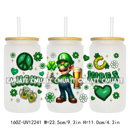 Happy St Patricks Cartoon Princess Characters Feeling Lucky Four Leaf Clover 16OZ UV DTF Cup Wrap Sticker For Libbey Glass Can