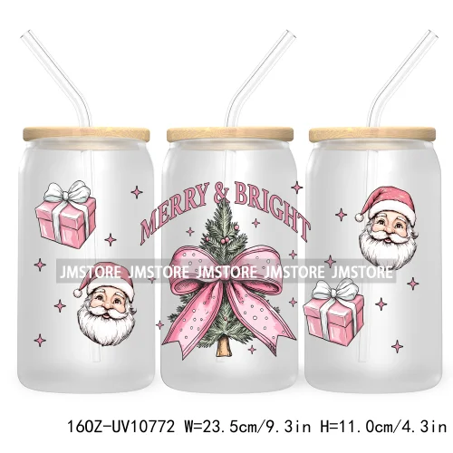 Christmas Highland Cow Coquette Bow 16OZ UV DTF Cup Wrap Waterproof Transfer Stickers For Libbey Glass Can Christmas Gingerbread