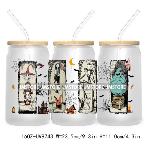 Spooky Cartoon Halloween 16OZ UV Cup Wrap DTF Transfer Stickers For Libbey Glass Can Cups Tumbler Waterproof Labels Scare Crew