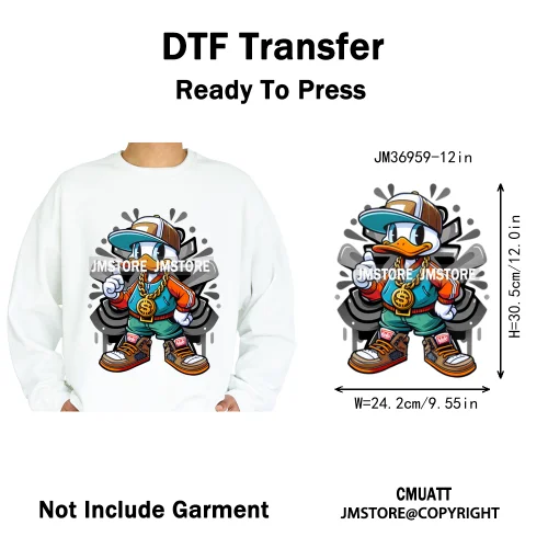 12in Cool Urban Trap Style King Animal Rich Ducks With Gold Chain Iron on DTF Heat Transfer Sticker Ready to Press for Clothing