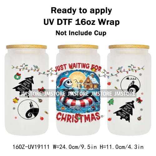 Skeleton Nightmare Before Christmas UV DTF Transfer Sticker Cup Tumbler Wrap For 16OZ Libbey Glass Wraps Bottle Mug DIY Labels