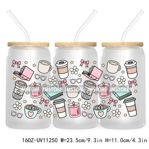 Trendy Coffee And Books Reading Floral Flowers 16OZ UV Cup Wrap DTF Transfer Stickers For Libbey Glass Can Cups Tumbler Labels