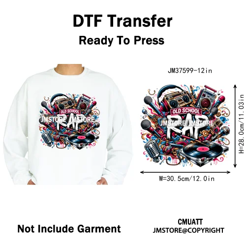 12in Old School Rap Hip Hop Music King Gaming Urban Vibes Graffiti Iron on DTF Heat Transfer Stickers Ready to Press for T-shirt