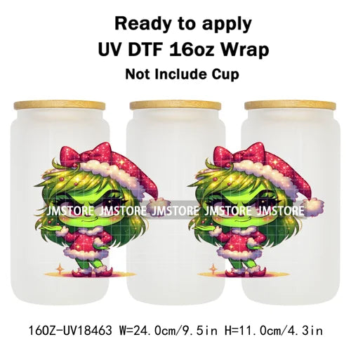 Faux Glitter Christmas Girl Green Guy UV DTF Stickers Ready To Apply Cup Wrap Custom Labels DIY Craft For Libbey Glass Can Mugs