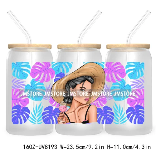 Hot Girl Summer Lady UV DTF Sticker For 16OZ Libbey Glass Cup Can Wrap Transfer Stickers Custom Labels DIY Logo Woman With Hat