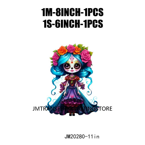 Cute Doll La Catrina Day Of The Dead Sugar Skull Mexican Halloween Iron On DTF Transfer Stickers Ready To Press For Hoodies Bags