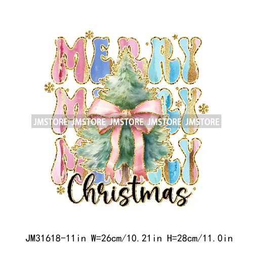 Merry And Bright Christmas Faux Gold Giltter Coquette Tree Gifts Girly Iron On DTF Transfer Stickers Ready To Press For Clothing