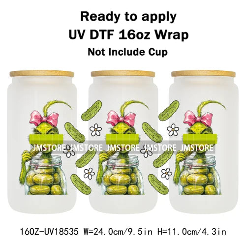 Coquette Bow Christmas Green Character UV DTF Stickers Ready To Apply Cup Wrap Custom Labels DIY Craft For Libbey Glass Can Mugs