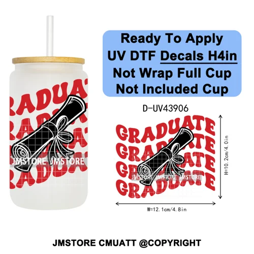 Girly University Graduation 2026 UV DTF Decals Ready To Apply Waterproof Transfer Stickers DIY Crafts For 16OZ Libbey Glass Can