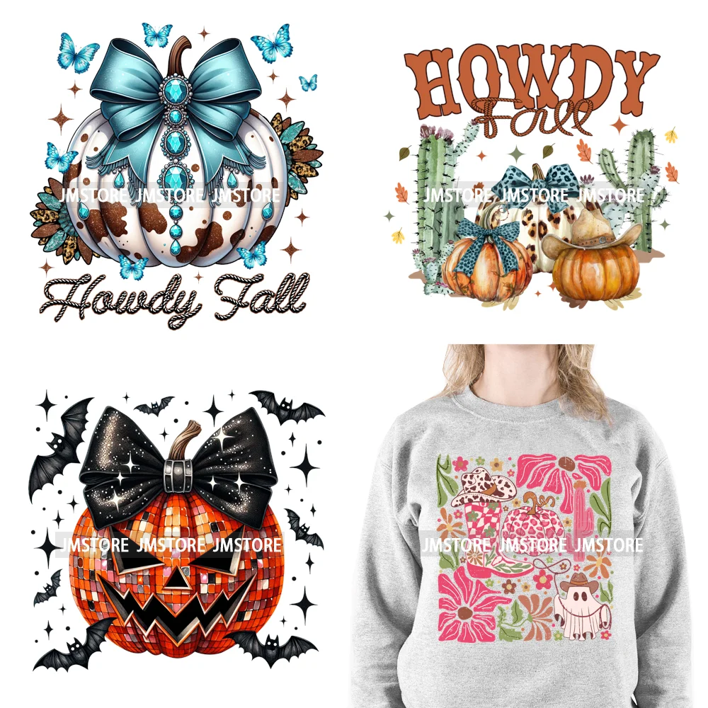 Howdy Pumpkin Ghost Western Fall Vibes Turquoise Coquette Bow Autumn Iron On DTF Transfer Sticker Ready To Press For T-shirts