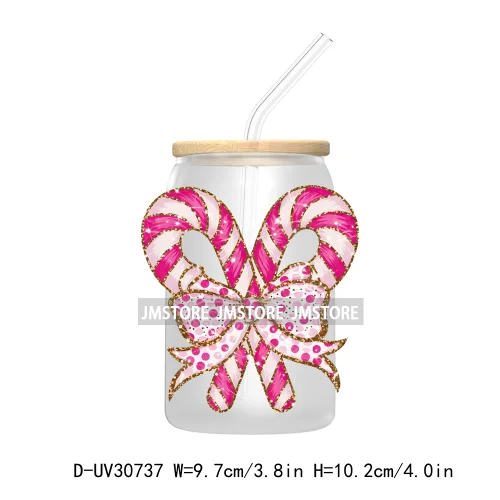 Colorful Coquette Glitter Bow Candy Cane Christmas UV DTF Transfer Stickers Decals For Libbey Cold Cups Mugs Tumbler Waterproof