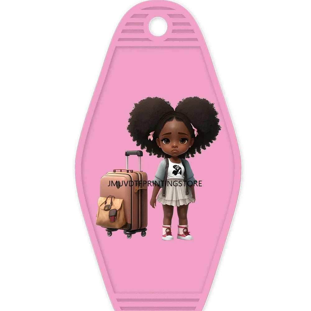 School Melanin Black Girls With Luggage High Quality WaterProof UV DTF Sticker For Motel Hotel Keychain Afro Children