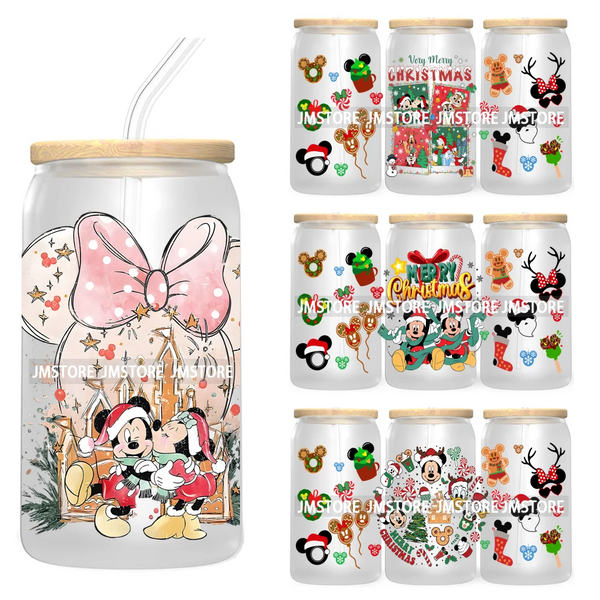 Merry Christmas Cartoon Couple 16OZ UV DTF Cup Wrap Ready To Apply For Libbey Glass Can Cup Tumbler Gingerbread Candy Cane Mouse