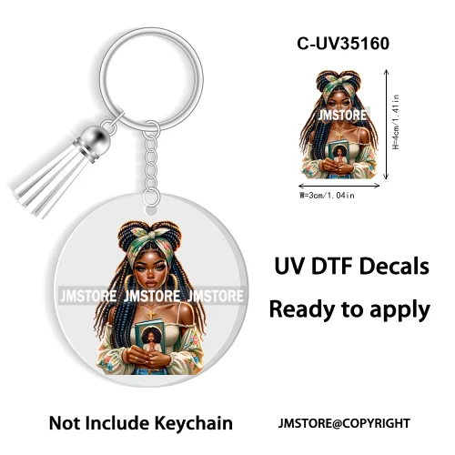 Christian Jesus God Pray Afro Girl UV DTF Decal Round Keychain Ready To Apply WaterProof Transfer Stickers For Circle Keychain