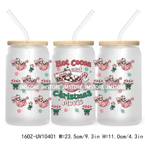 Christmas Girly Coquette Bow 16OZ UV DTF Cup Wrap Transfer Stickers Custom Labels For Libbey Glass Can Candy Cane Tis The Season