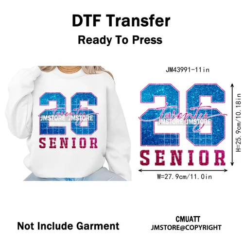 Faux Glitter Senior Class of 2026 High School Graduate Reunion Iron on Washable DTF Transfer Stickers Ready to Press for Clothes