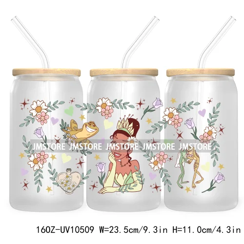 Cartoon Princess Floral Flowers 16OZ UV DTF Cup Wrap Transfer Stickers Custom Labels Waterproof For Libbey Glass Can Best Friend